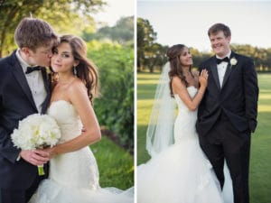 2 photos of a bride and groom. In one the groom is kissing the bride on the cheek and the other they are smiling and she has her hand on his shoulder