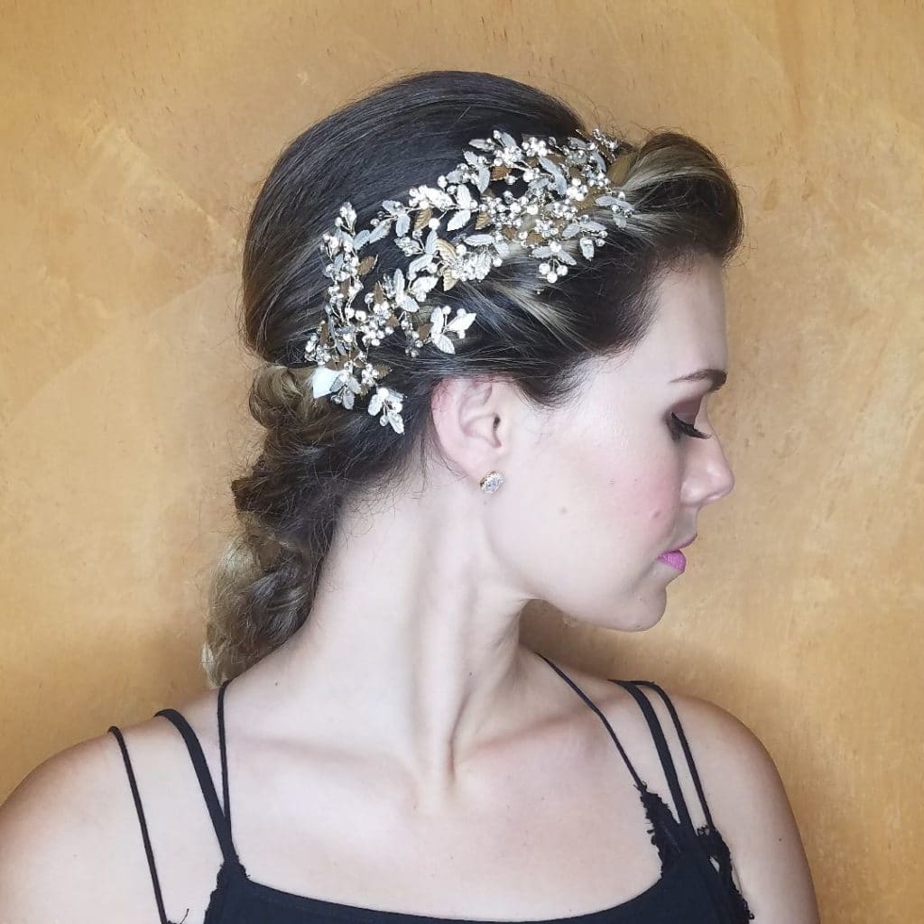 Closeup of woman's hairstyle and accessory