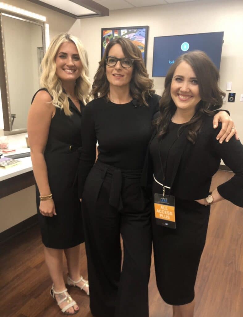 Two M3 Makeup artists standing with Tina Fey